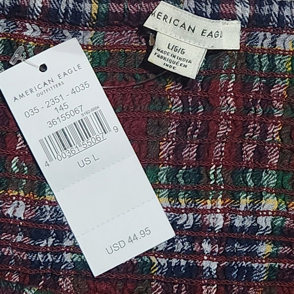 American Eagle Womens Plaid Puff Sleeve Smocked Crop Top Large - Picture 5 of 8
